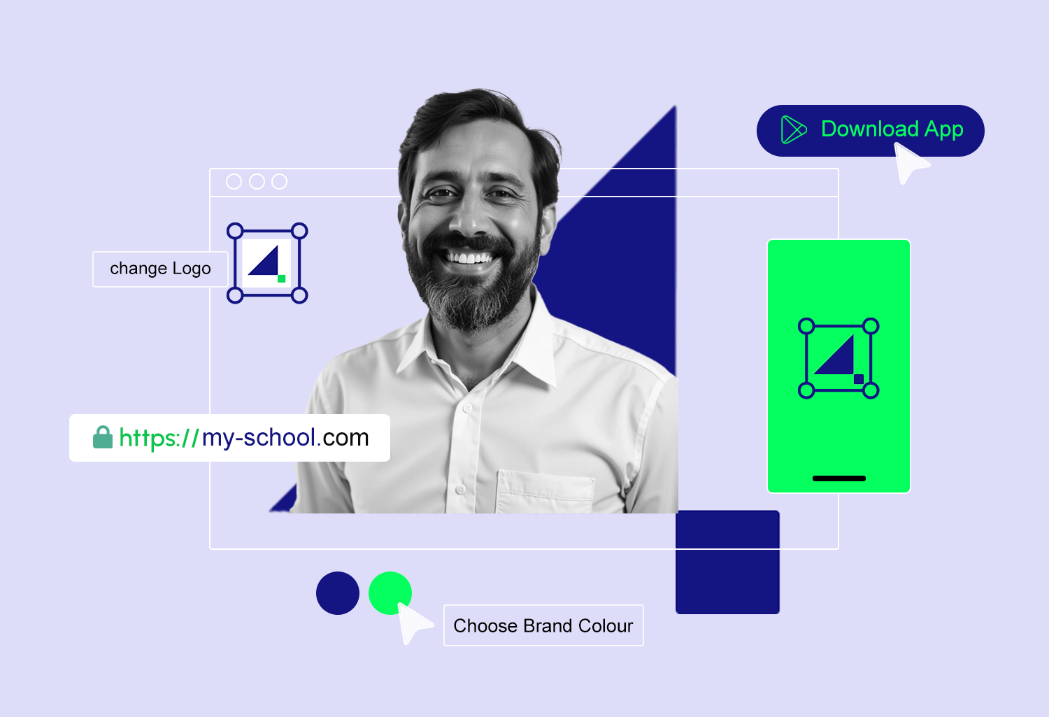 A school's branded website and mobile app built with 4EDU, showing custom logo and brand colours